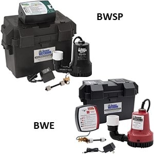 Pictured are the Basement Watchdog BWE and BWSP Battery Backup Sump Pump